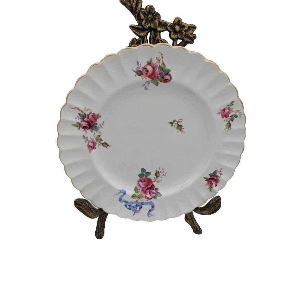 Vintage Spode Copeland's Y5775 Pink Rose Blue Ribbon Scalloped 9 Inch Plate